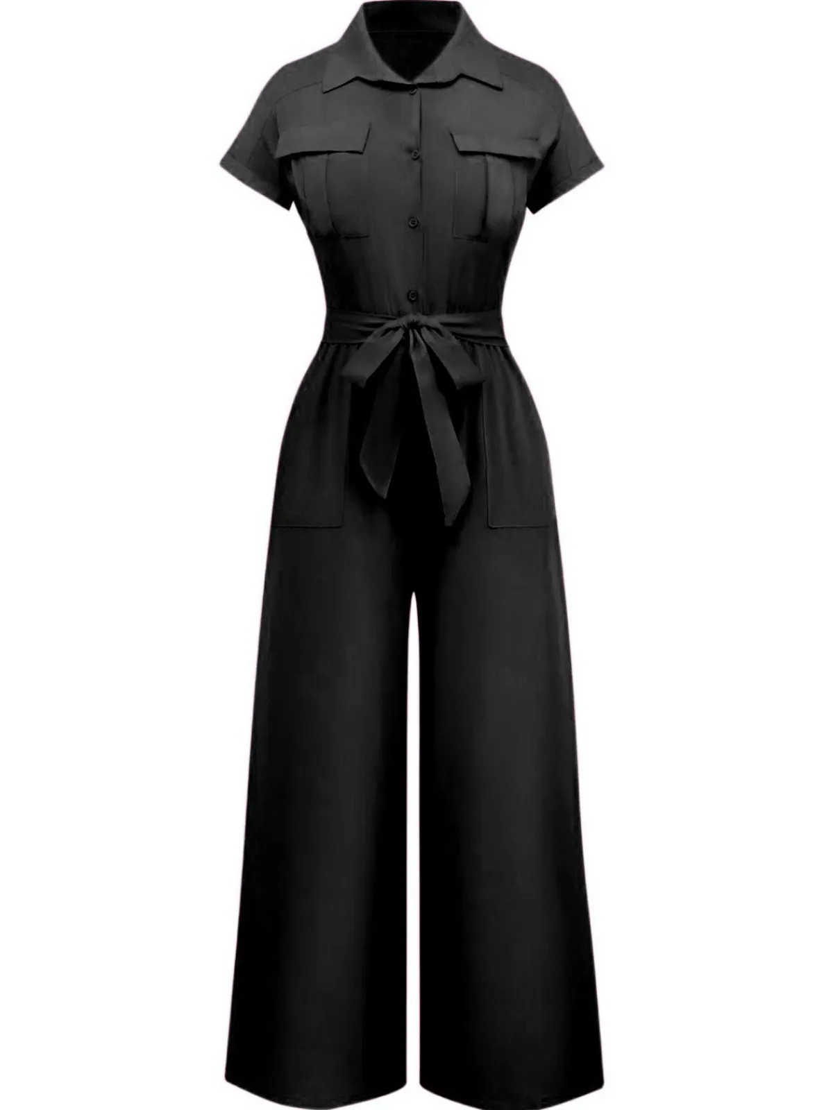 Discount Retro Stage 1930s Solid Lapel Button Belted Cargo Jumpsuit