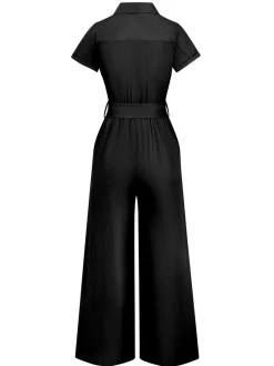 Discount Retro Stage 1930s Solid Lapel Button Belted Cargo Jumpsuit