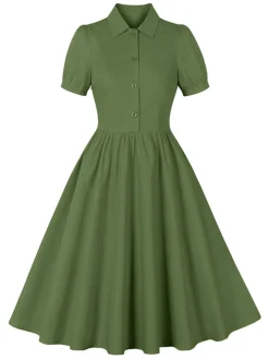 Hot Retro Stage 1950s Solid Lapel Buttons Swing Dress