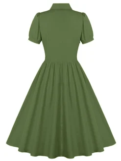 Hot Retro Stage 1950s Solid Lapel Buttons Swing Dress