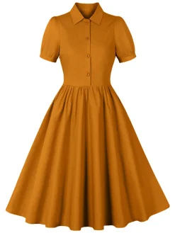 Hot Retro Stage 1950s Solid Lapel Buttons Swing Dress