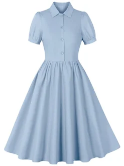 Hot Retro Stage 1950s Solid Lapel Buttons Swing Dress
