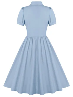 Hot Retro Stage 1950s Solid Lapel Buttons Swing Dress
