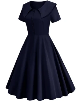 Clearance Retro Stage 1950s Solid Lapel Swing Dress