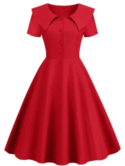 Clearance Retro Stage 1950s Solid Lapel Swing Dress