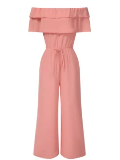 Outlet Retro Stage 1930s Solid Layered Ruffle Off-Shoulder Jumpsuit