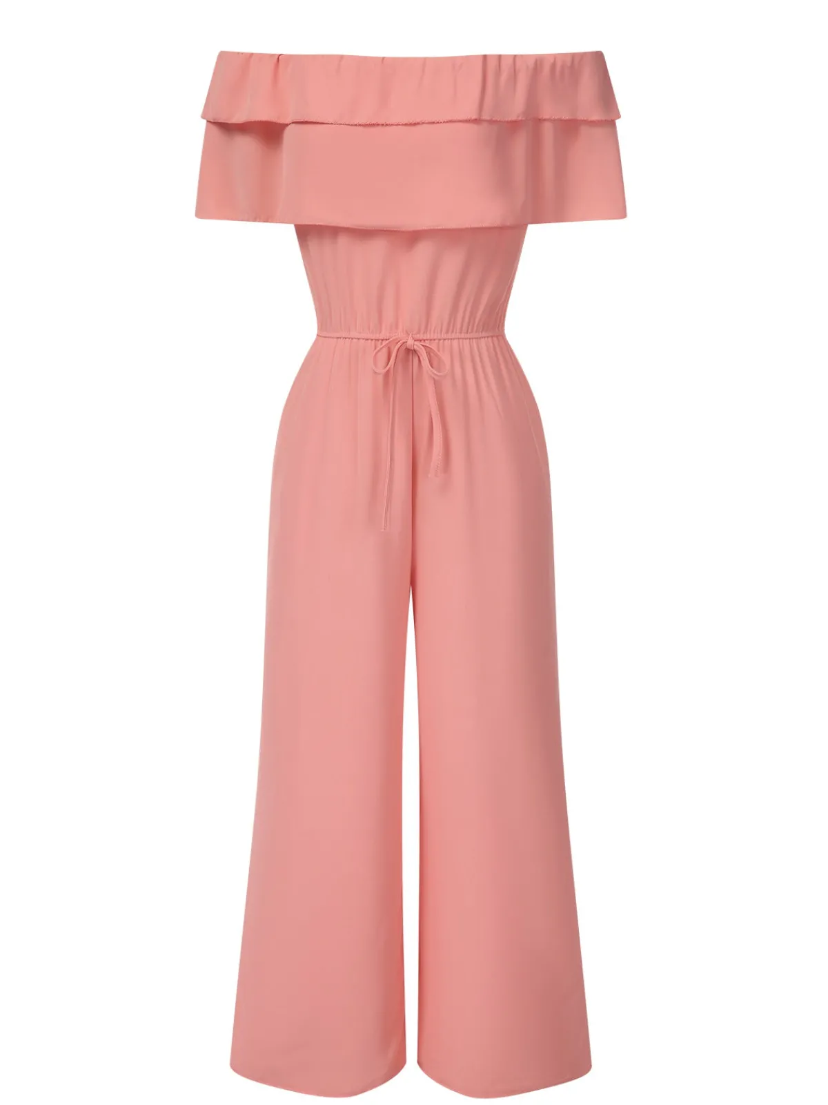 Outlet Retro Stage 1930s Solid Layered Ruffle Off-Shoulder Jumpsuit