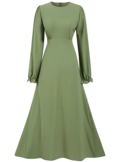 Hot Retro Stage 1940s Solid Long sleeve A-line Dress