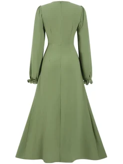Hot Retro Stage 1940s Solid Long sleeve A-line Dress