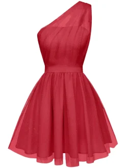 Best Retro Stage 1960s Solid Mesh One Shoulder Dress