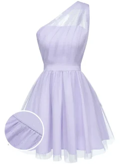 Best Retro Stage 1960s Solid Mesh One Shoulder Dress