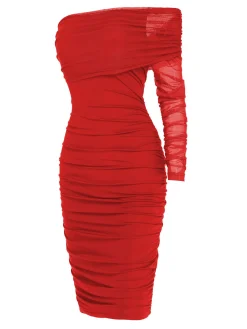 Fashion Retro Stage 1960s Solid Mesh Pleated Hip Dress