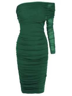 Fashion Retro Stage 1960s Solid Mesh Pleated Hip Dress