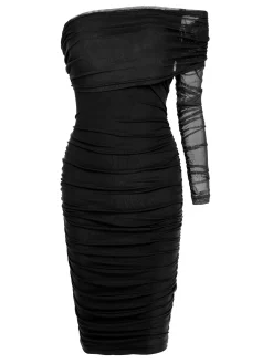 Fashion Retro Stage 1960s Solid Mesh Pleated Hip Dress