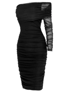 Fashion Retro Stage 1960s Solid Mesh Pleated Hip Dress