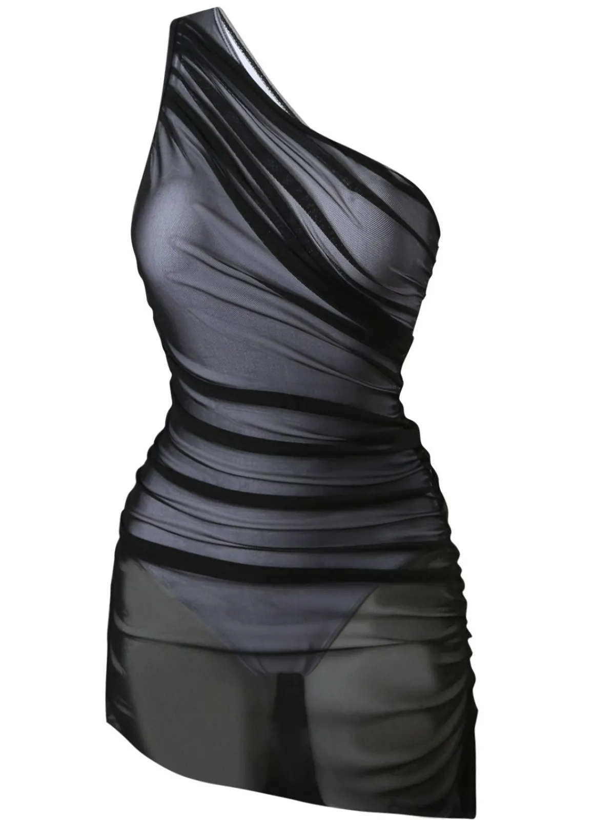 Hot Retro Stage 1940s Solid Mesh Pleated One-Shoulder Swimsuit Black