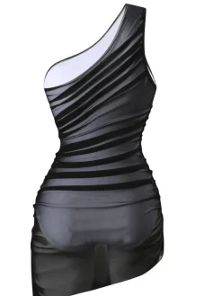 Hot Retro Stage 1940s Solid Mesh Pleated One-Shoulder Swimsuit Black