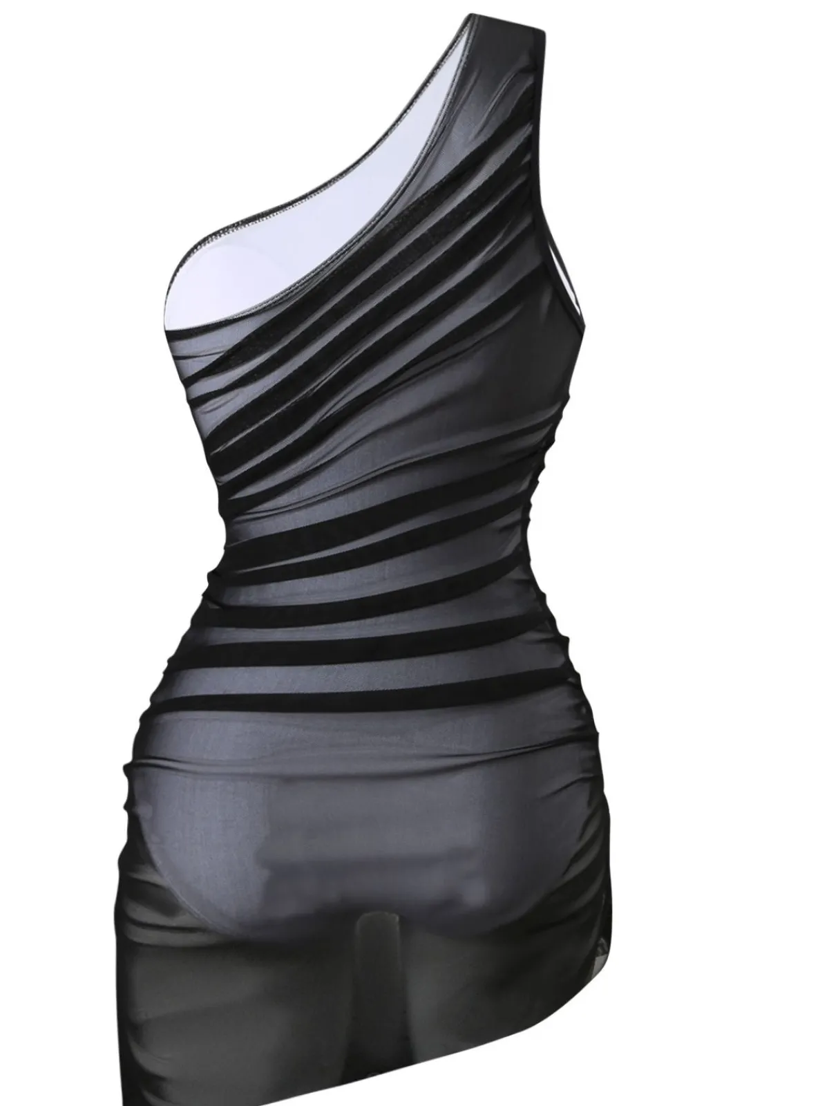 Hot Retro Stage 1940s Solid Mesh Pleated One-Shoulder Swimsuit Black