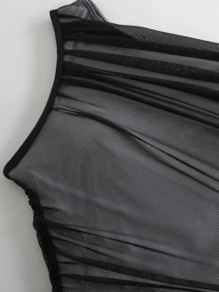 Hot Retro Stage 1940s Solid Mesh Pleated One-Shoulder Swimsuit Black