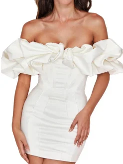 New Retro Stage 1980s Solid Off Shoulder Bodycon Dress