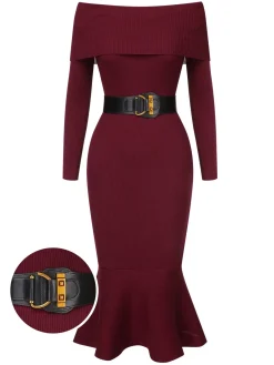Hot Retro Stage 1930s Solid Off-Shoulder Knitted Fishtail Dress With Belt