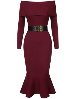 Hot Retro Stage 1930s Solid Off-Shoulder Knitted Fishtail Dress With Belt