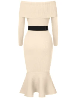 Hot Retro Stage 1930s Solid Off-Shoulder Knitted Fishtail Dress With Belt