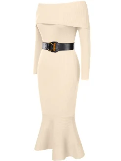 Hot Retro Stage 1930s Solid Off-Shoulder Knitted Fishtail Dress With Belt