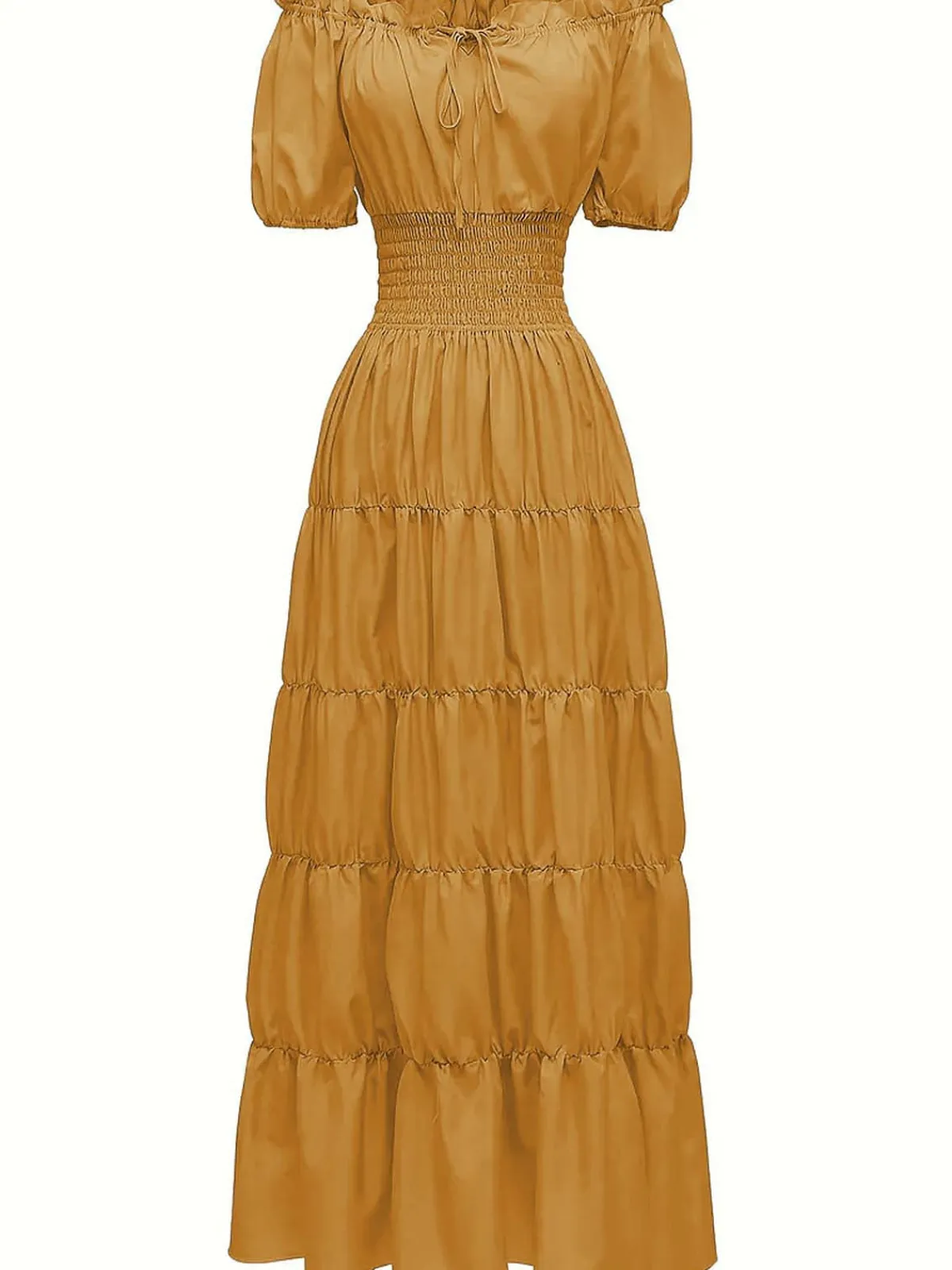 Sale Retro Stage 1930s Solid Off-Shoulder Smocked Puff Sleeves Dress