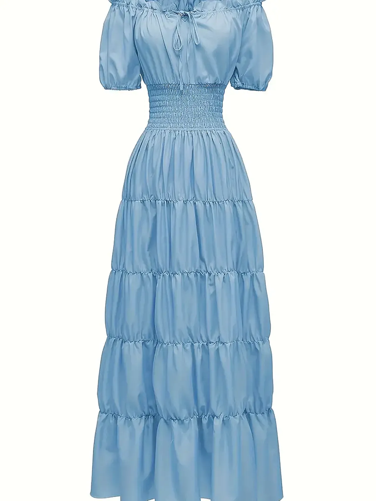 Sale Retro Stage 1930s Solid Off-Shoulder Smocked Puff Sleeves Dress