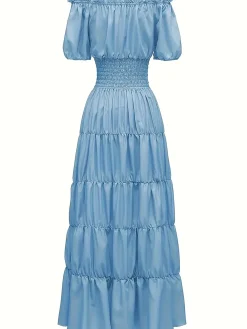 Sale Retro Stage 1930s Solid Off-Shoulder Smocked Puff Sleeves Dress