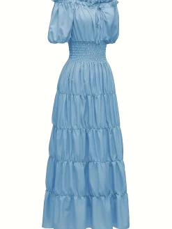 Sale Retro Stage 1930s Solid Off-Shoulder Smocked Puff Sleeves Dress