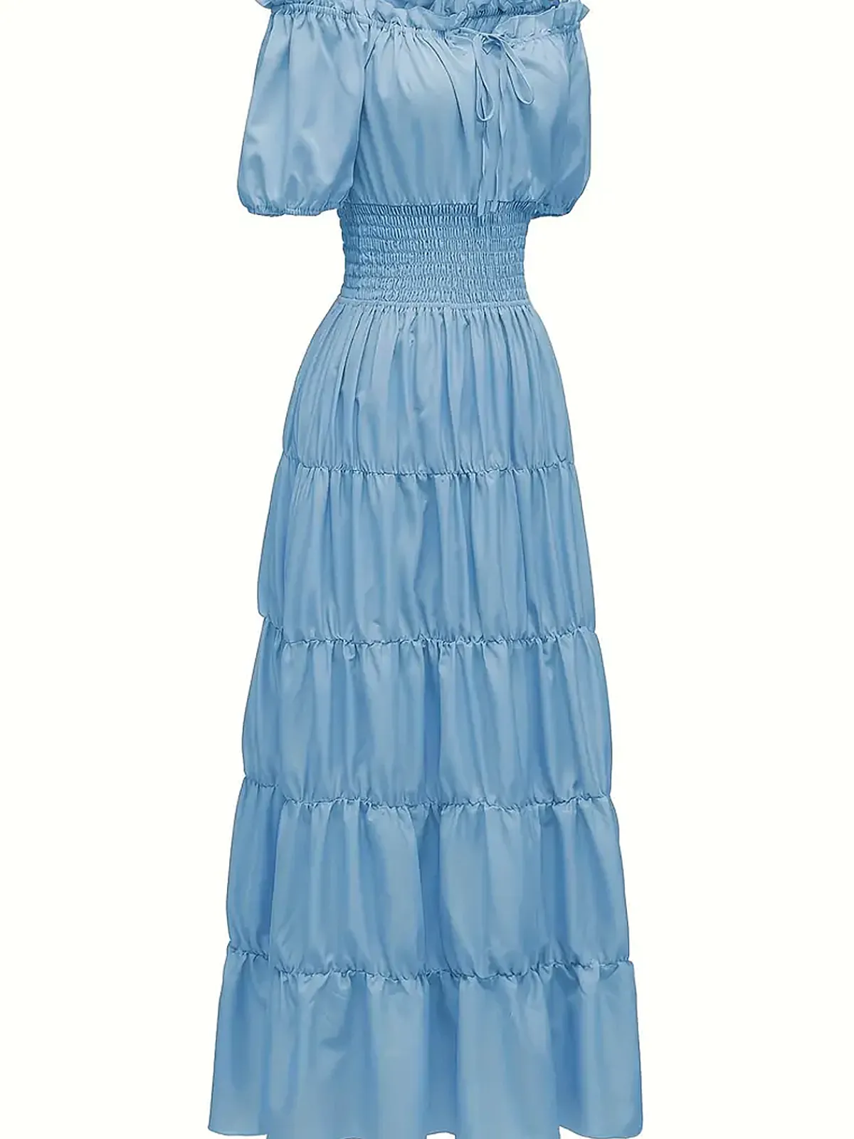 Sale Retro Stage 1930s Solid Off-Shoulder Smocked Puff Sleeves Dress