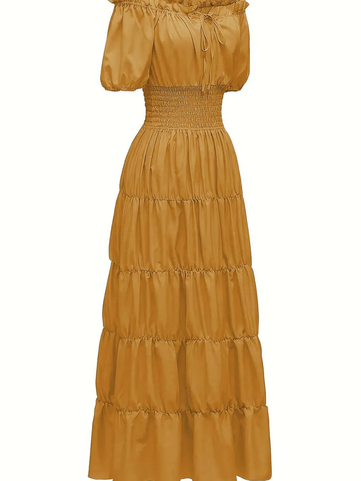 Sale Retro Stage 1930s Solid Off-Shoulder Smocked Puff Sleeves Dress