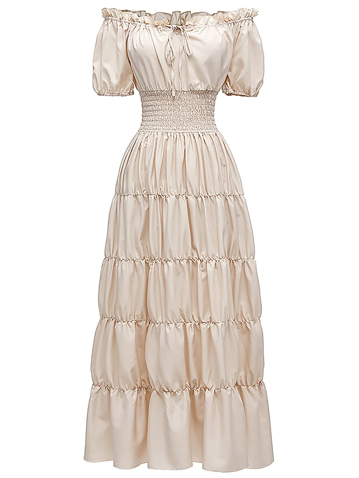 Sale Retro Stage 1930s Solid Off-Shoulder Smocked Puff Sleeves Dress