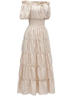 Sale Retro Stage 1930s Solid Off-Shoulder Smocked Puff Sleeves Dress