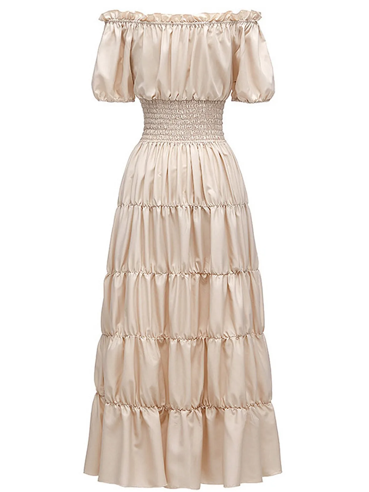 Sale Retro Stage 1930s Solid Off-Shoulder Smocked Puff Sleeves Dress
