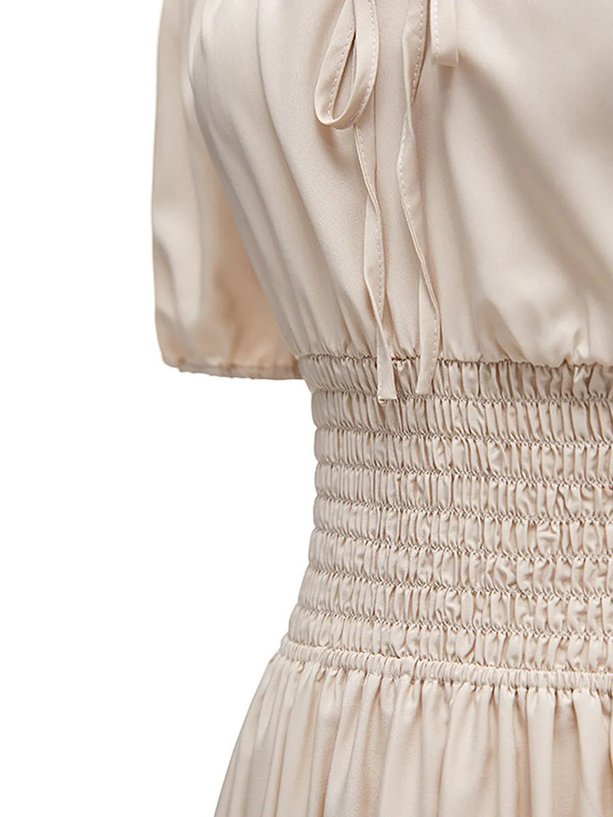 Sale Retro Stage 1930s Solid Off-Shoulder Smocked Puff Sleeves Dress