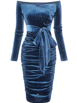 Clearance Retro Stage 1960s Solid Off-Shoulder Velvet Dress