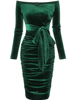 Hot Retro Stage 1960s Solid Off-Shoulder Velvet Dress