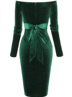 Hot Retro Stage 1960s Solid Off-Shoulder Velvet Dress