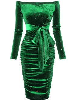 Hot Retro Stage 1960s Solid Off-Shoulder Velvet Dress