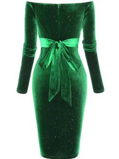 Hot Retro Stage 1960s Solid Off-Shoulder Velvet Dress