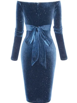 Hot Retro Stage 1960s Solid Off-Shoulder Velvet Dress