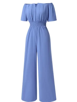 Clearance Retro Stage 1930s Solid Off-Shoulder Waist Loose Straight Jumpsuit