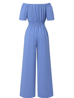 Clearance Retro Stage 1930s Solid Off-Shoulder Waist Loose Straight Jumpsuit