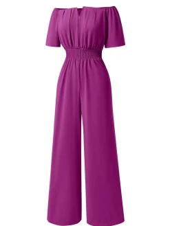 Clearance Retro Stage 1930s Solid Off-Shoulder Waist Loose Straight Jumpsuit