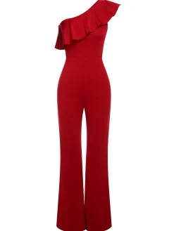 Fashion Retro Stage 1950s Solid One Shoulder Ruffled Jumpsuit