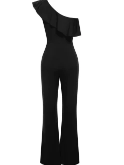 Fashion Retro Stage 1950s Solid One Shoulder Ruffled Jumpsuit