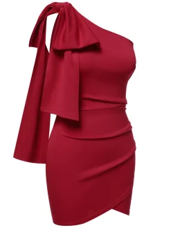 New Retro Stage 1960s Solid One-Shoulder Bow Dress